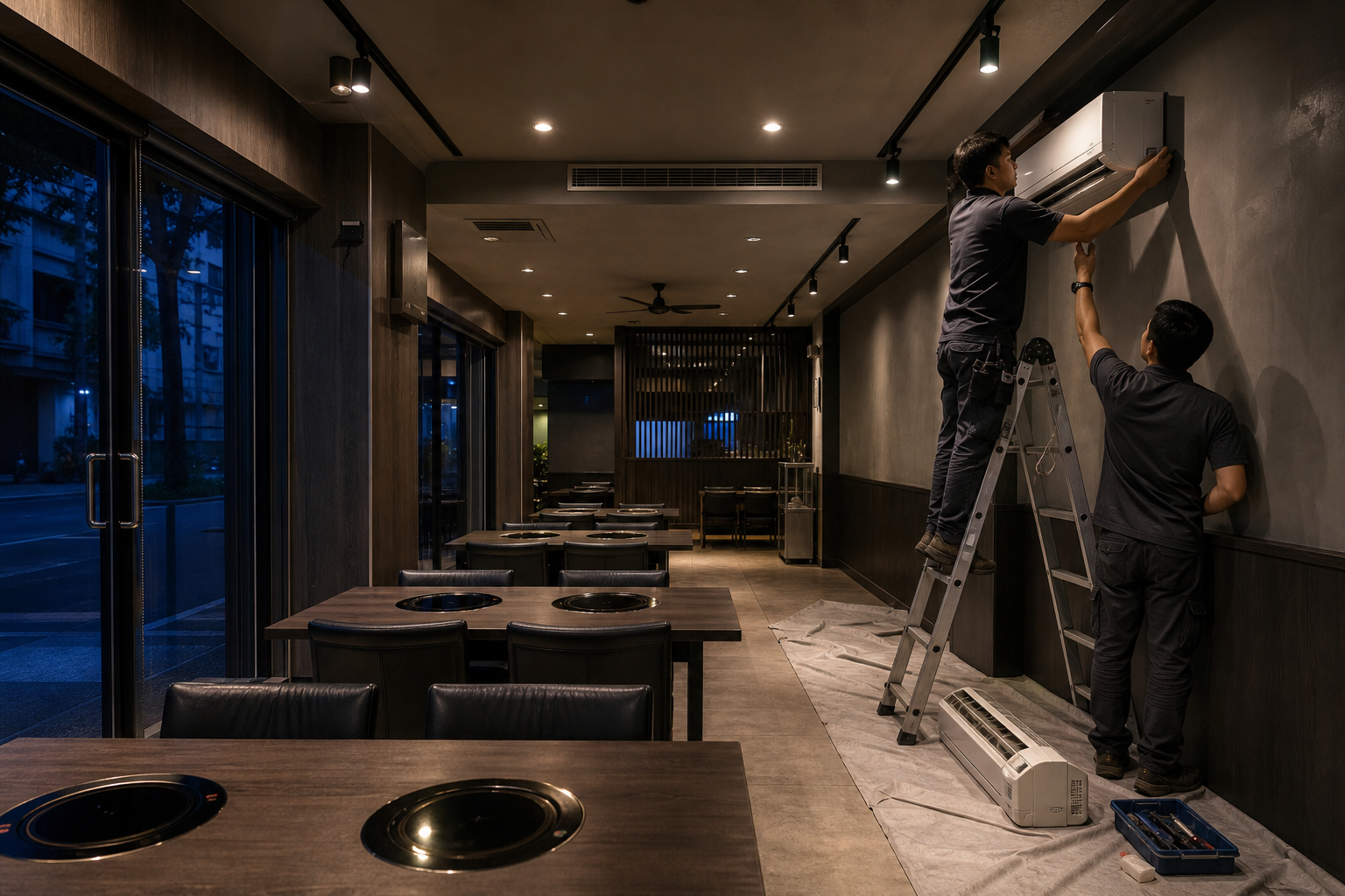 火鍋店夜間作業空間情境示意,非本案例實景